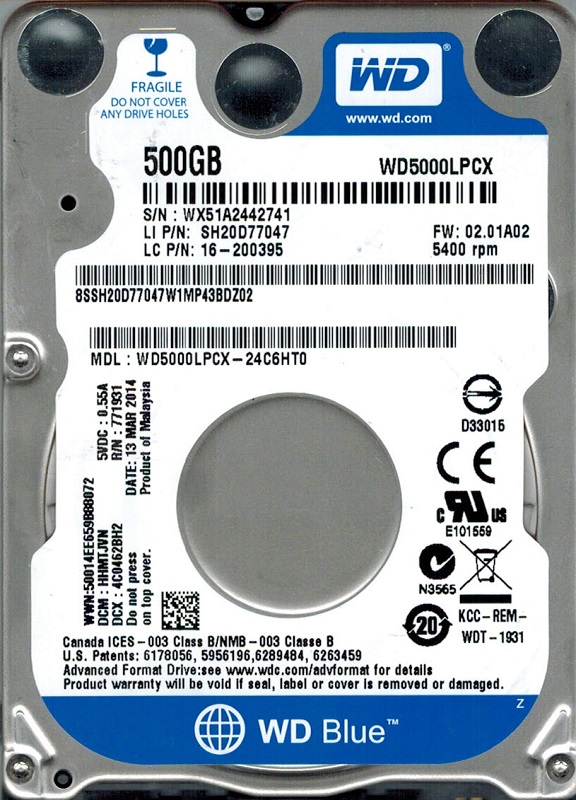 Жесткий диск внутренний WD SATA III 500GB 5400rpm 16Mb Cache Blue