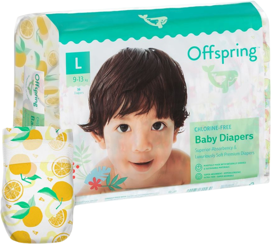 Одноразовые подгузники Offspring размер L, 9–13 кг 36 шт. Апельсин (DP-OI-FAT-L36P-TGYORN) - Фото 1