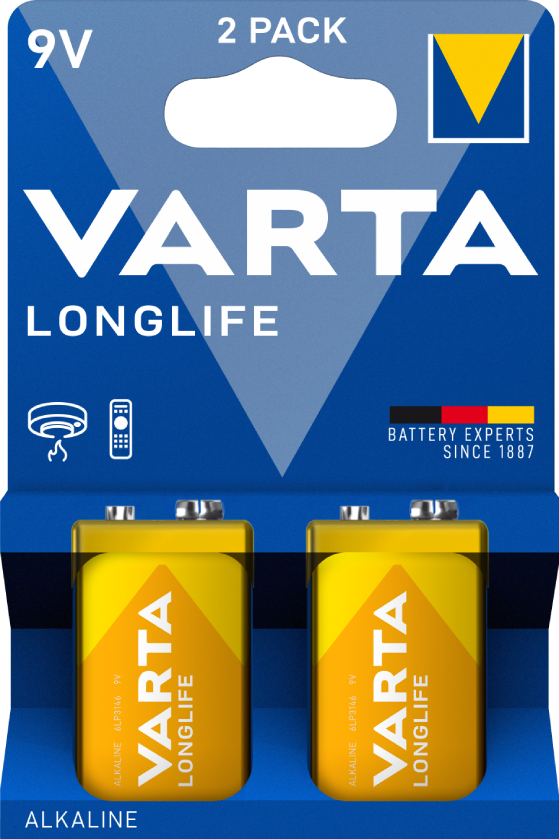 Батарейка тип 6F22 (1604) Varta LONGLIFE 6LR61 BLI 2 ALKALINE - Фото 1