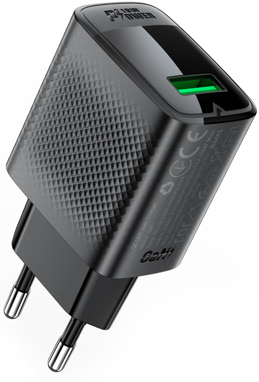Мережевий зарядний пристрій AceFast A90 QC18W GaN single USB-A charger (EU) Black (6974316283249) - Фото 1