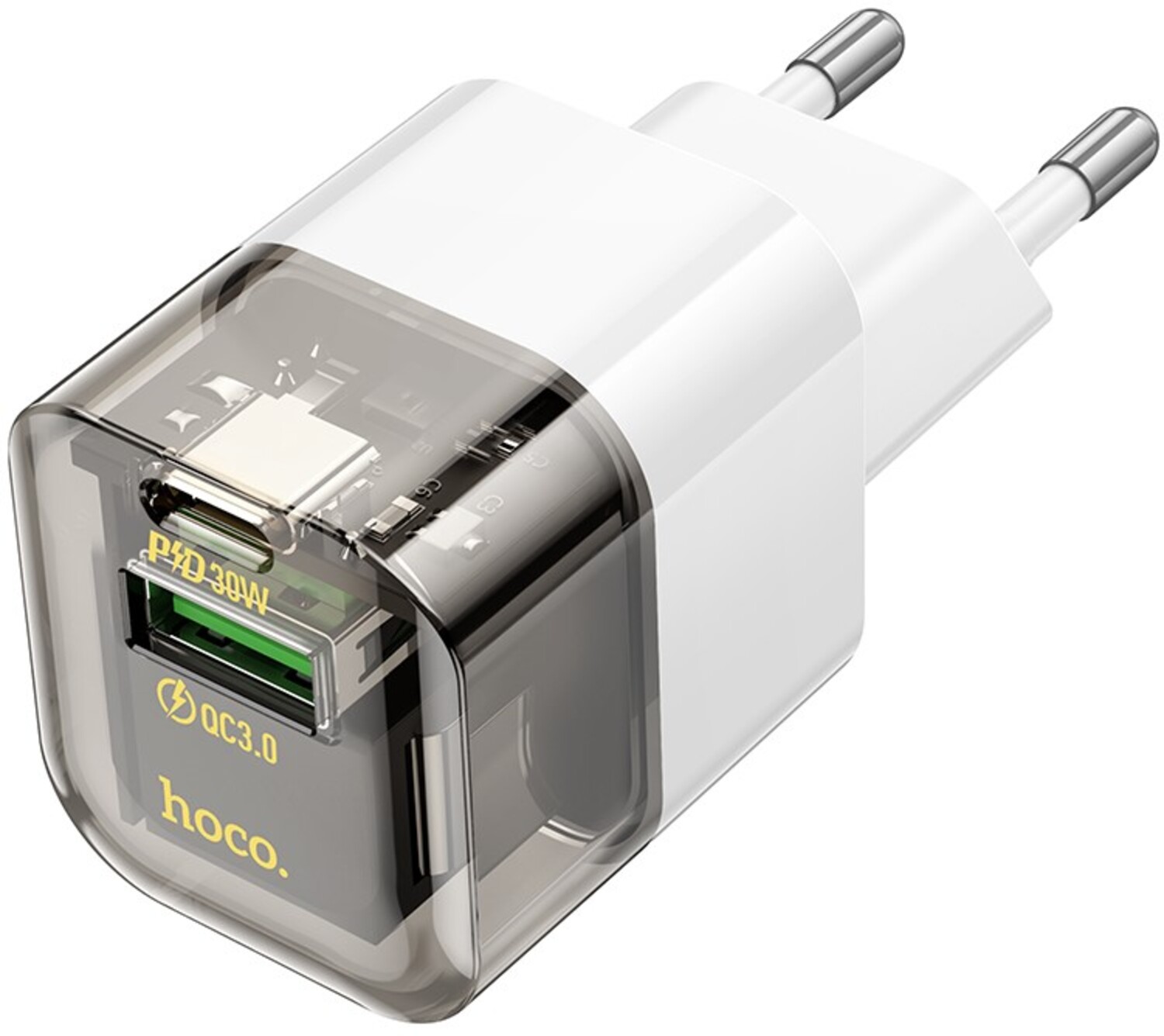Сетевое зарядное устройство HOCO C131A PD30W+QC3.0 charger(EU) Transparent black (6942007609821) - Фото 1