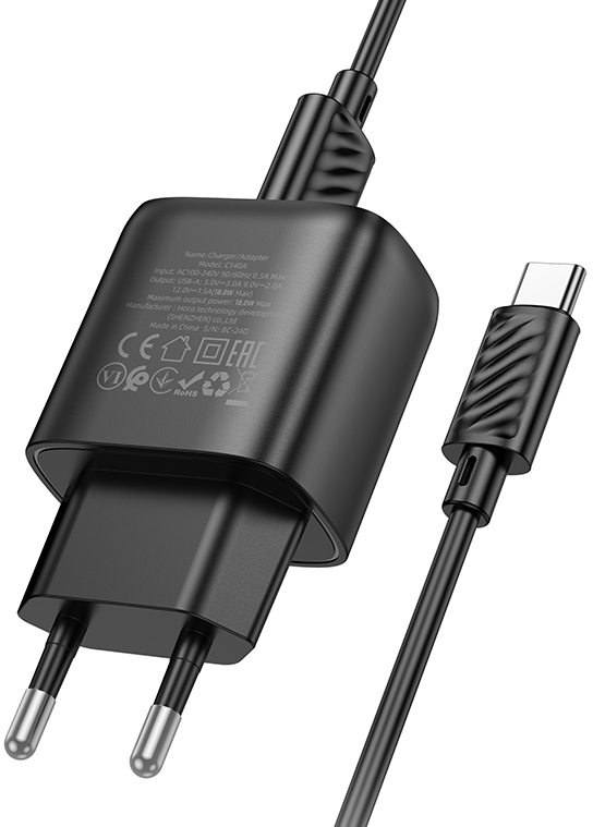 Сетевое зарядное устройство HOCO C140A Smart single port QC3.0 charger set(Micro)(EU) Black (6942007627801) - Фото 1