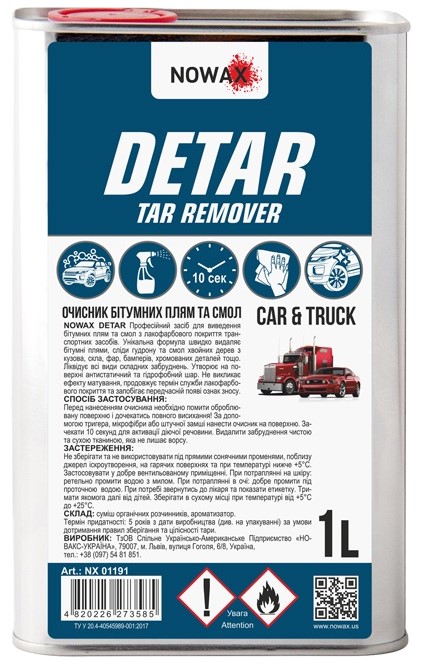 Очисник для авто NOWAX бітумних плям та смол DETAR TAR REMOVER 1L (NX01191) - Фото 1