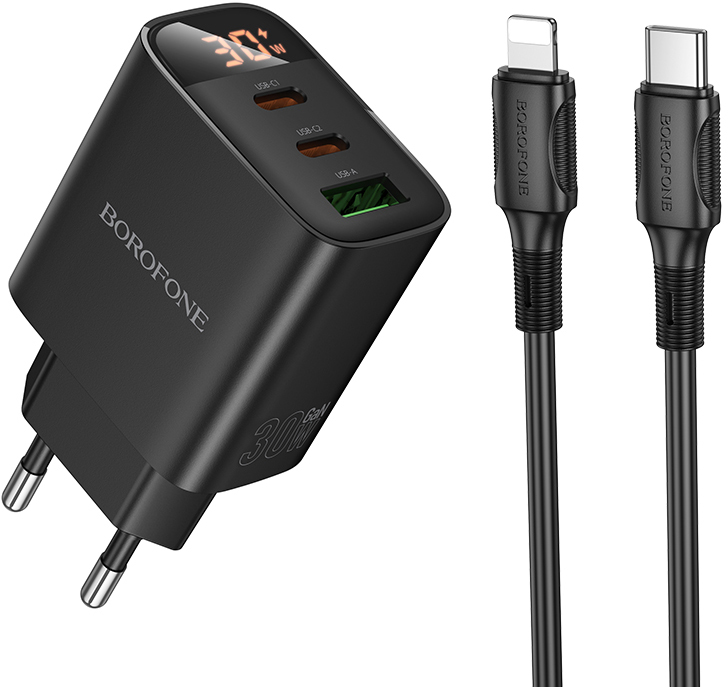Сетевое зарядное устройство BOROFONE BA98A Ilustre PD30W 2C1A charger with digital display set C to iP EU Black (6941991120527) - Фото 1