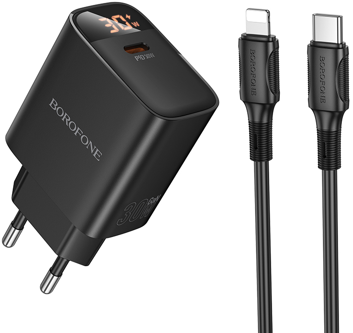 Сетевое зарядное устройство BOROFONE BA97A Ilustre single-port PD30W charger with digital display set C to iP EU Black (6941991120497) - Фото 1