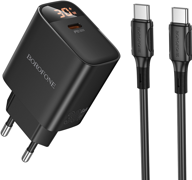 Сетевое зарядное устройство BOROFONE BA97A Ilustre single-port PD30W charger with digital display set C to C EU Black (6941991120503) - Фото 1