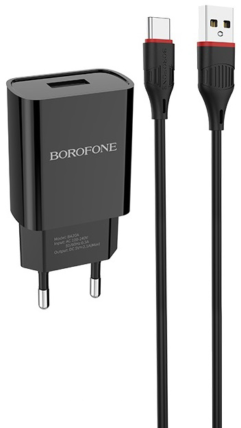 Сетевое зарядное устройство BOROFONE BA20A Sharp single port charger set Type-C 10.5W Black (6931474702142) - Фото 1