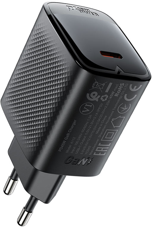 Сетевое зарядное устройство AceFast A112 PD45W GaN single USB-C charger (EU) Black (6974316284055) - Фото 1