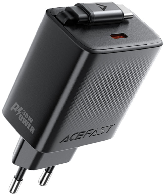 Сетевое зарядное устройство AceFast A110 PD30W GaN charger (USB-C+USB-C) with retractable cable (EU) Black (6974316283942) - Фото 1