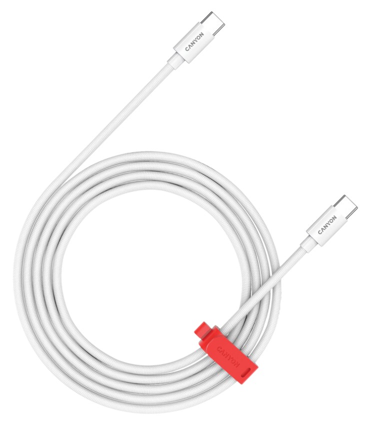 Кабель синхронизации данных Canyon CC100AB Type-C to Type-C 100W Braided 2m White (CND-CC100AB20W) - Фото 1