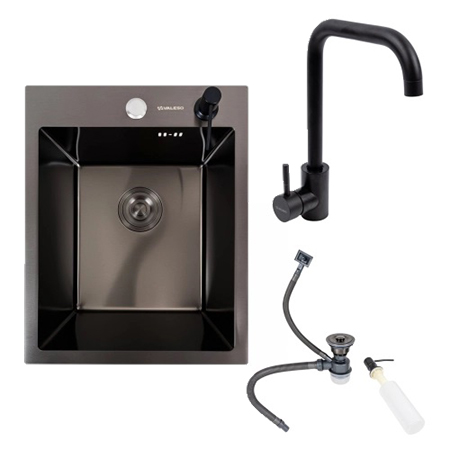 Мойка кухонная+смеситель VALESO 40х50 PVD черная (3.0/0.8) +BG77 - Фото 1