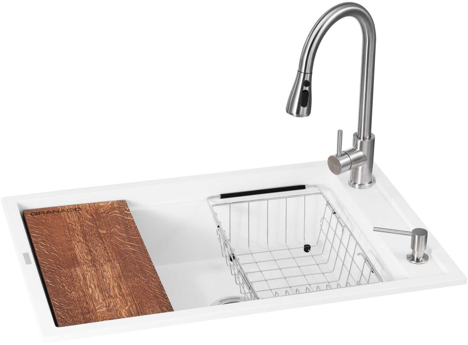 Мойка кухонная+смеситель GRANADO Basic Estella white (+ Campo LUX inox + дозатор Redondo inox + корзина + доска) - Фото 1