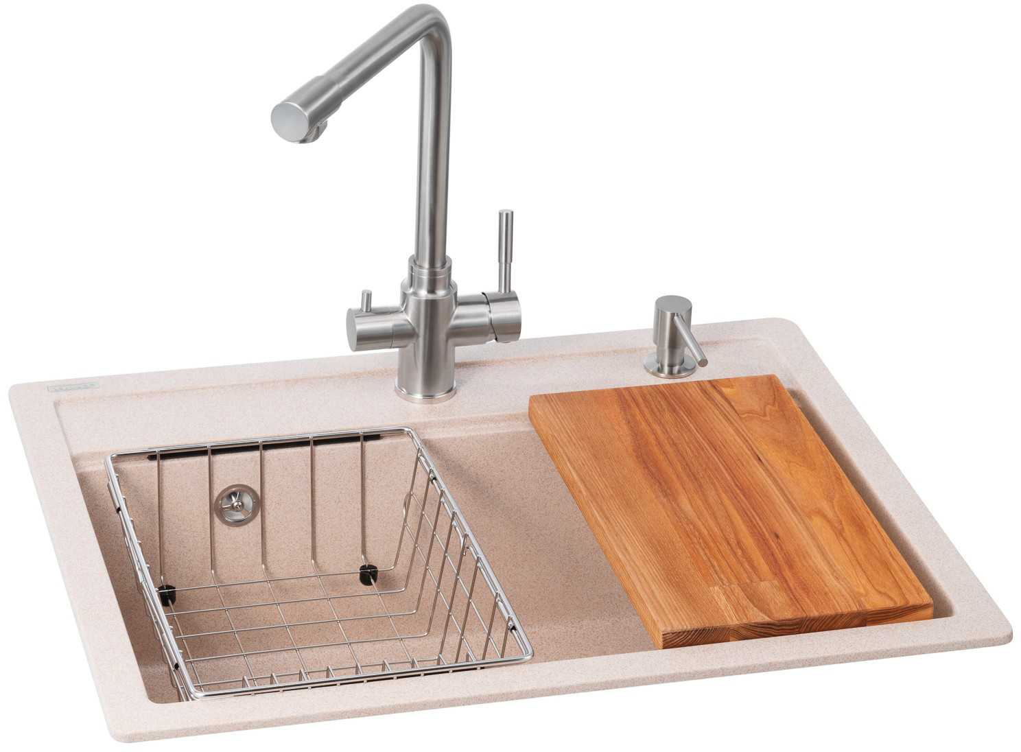 Мойка кухонная+смеситель GRANADO Optimal Artes avena (+ Badalona LUX inox + дозатор Redondo inox + корзина + доска) - Фото 1