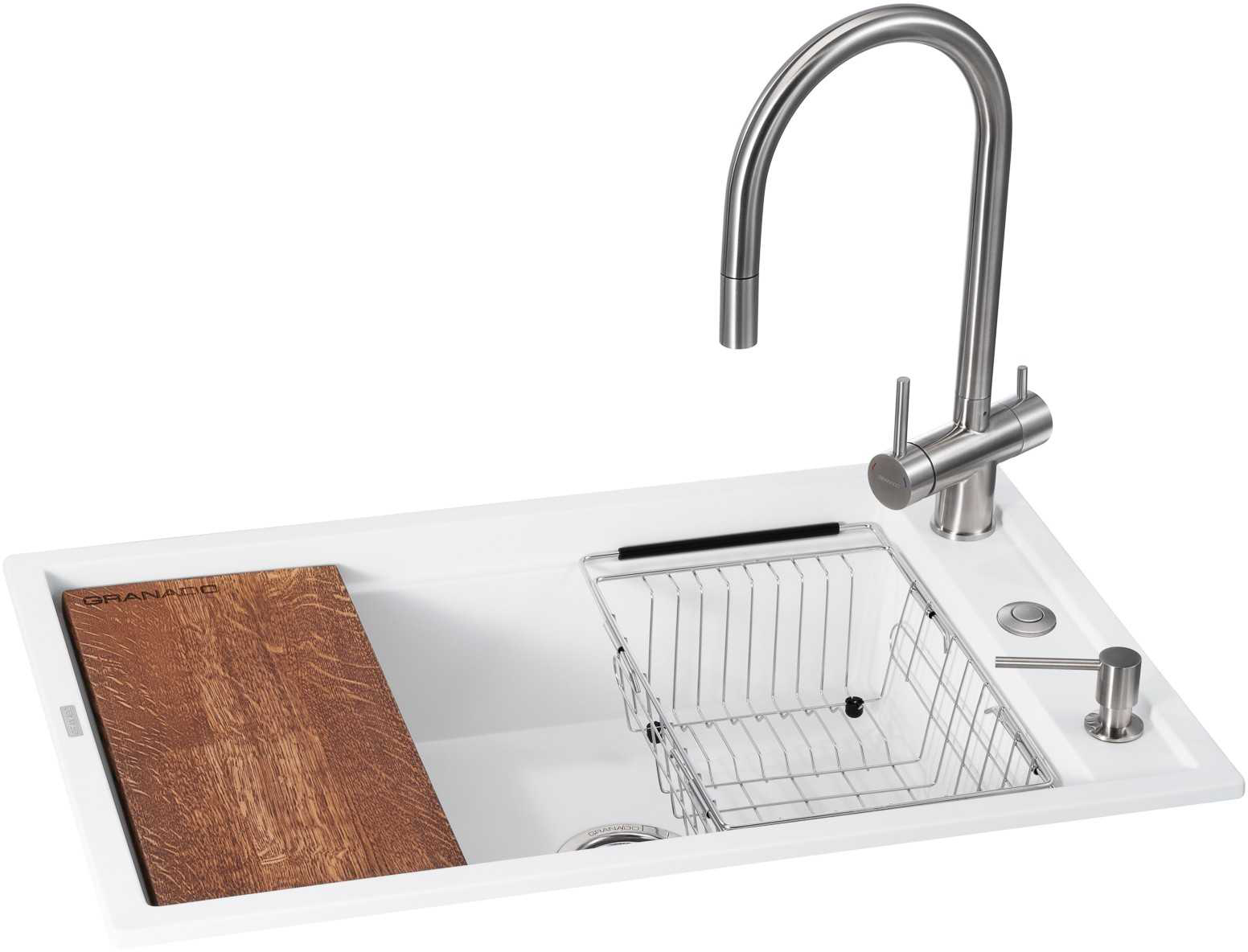 Мойка кухонная+смеситель GRANADO Royal Estella white (+ измельчитель Algar + Ferrol inox + дозатор Redondo inox + корзина + доска) - Фото 1