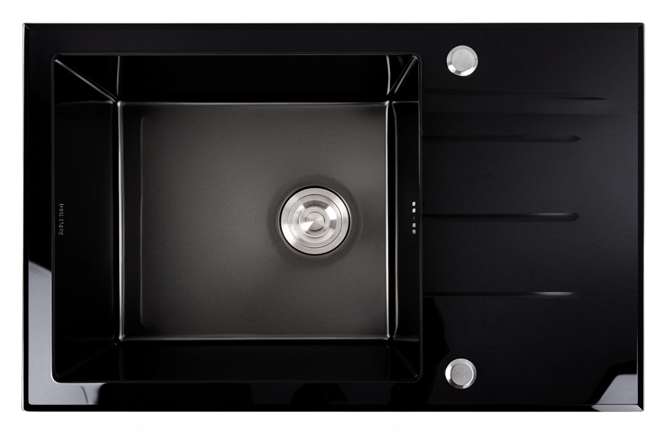 Мойка кухонная Platinum стеклянная CM 78x50 PVD Handmade черная - Фото 1