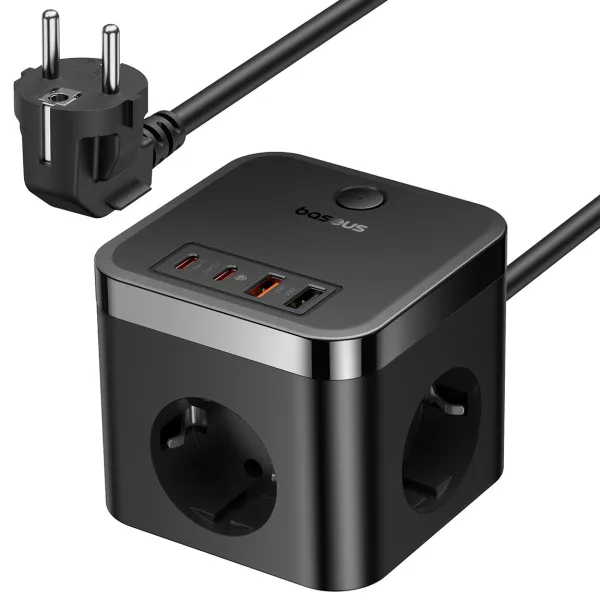 Сетевой фильтр Baseus Power Strip 3AC+2U+2C 30W 1,5m EU Cluster Black (E00066400117-00) - Фото 1