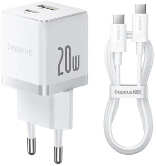 Мережевий зарядний пристрій Baseus Palm Fast Charger C+U 20W EU Moon White (With Cable Type-C to Type-C 60W 1m) (P10111608213-01) - Фото 1