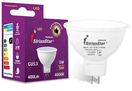 Лампочка светодиодная SiriusStar 3504 MR16 220V 5W 4000K- GU5,3 - Фото 1