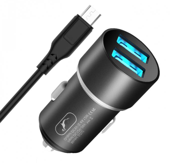 Автомобильное зарядное устройство SkyDolphin SZ02V Aluminium 2USB, 2.4A Black+кабель microUSB (AZP-000073) - Фото 1