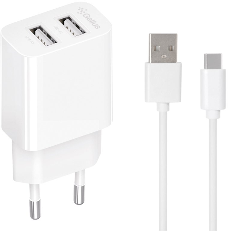 Сетевое зарядное устройство Gelius Simple GP-HC059 2USB/2.4A + кабель Type-C White (100448) - Фото 1