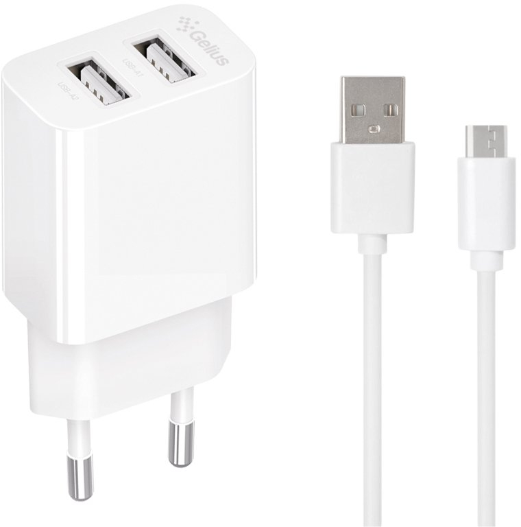 Сетевое зарядное устройство Gelius Simple GP-HC059 2USB/2.4A + кабель MicroUSB White (100449) - Фото 1