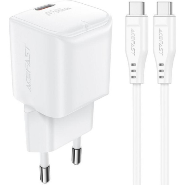 Сетевое зарядное устройство AceFast USB-C 30W Gan A77 mini + USB-C cable Fast Charger White (6974316282853) - Фото 1