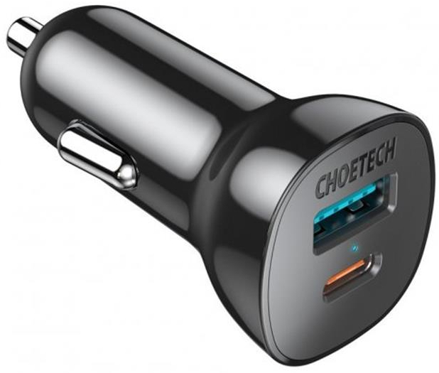 Автомобильное зарядное устройство Choetech 1USB Type C 1USB 38W PD3.0 QC3.0 Black (TC0005) - Фото 1