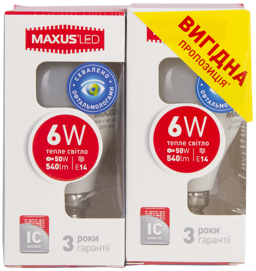 Лампочка светодиодная Maxus G45 F 6W 3000K 220V E14 (2-LED-543) - Фото 1