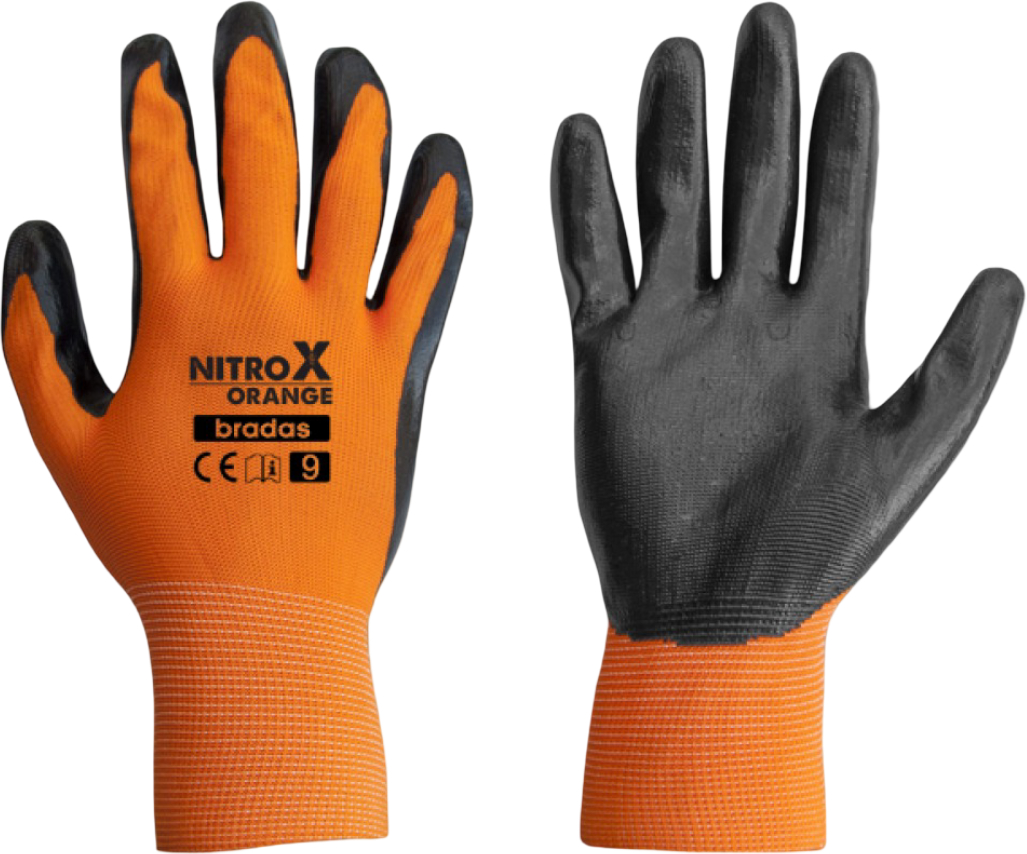 Перчатки садовые BRADAS Nitrox Orange с нитриловым покрытием, размер 10, 12 пар Черные с оранжевым (RWNO10) - Фото 1