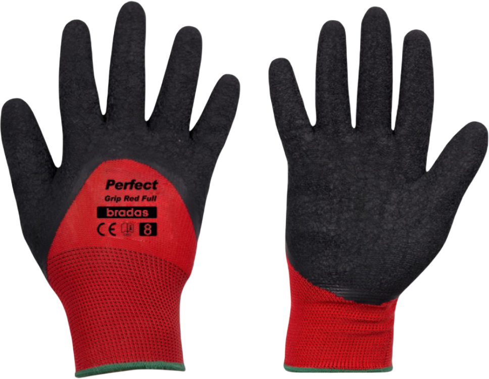 Перчатки садовые BRADAS Perfect Grip Red Full с латексным покрытием, размер 8, 12 пар Красные с черным (RWPGRDF8) - Фото 1