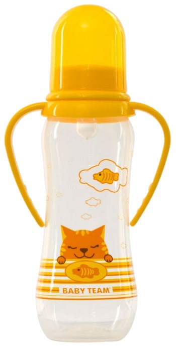 Бутылочка для кормления Baby Team с силиконовой соской и ручками, 250 мл. (1411_желтый) - Фото 1