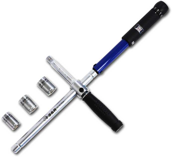 Ключ динамометрический S&R 1/2" 70-170 Нм 490 мм + головки 17,19,21 мм (465012170) - Фото 1