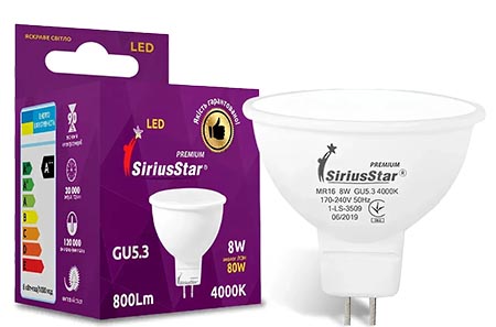 Лампочка светодиодная SiriusStar 3509 MR16 220V 8W 4000K- Т11-GU5,3 - Фото 1