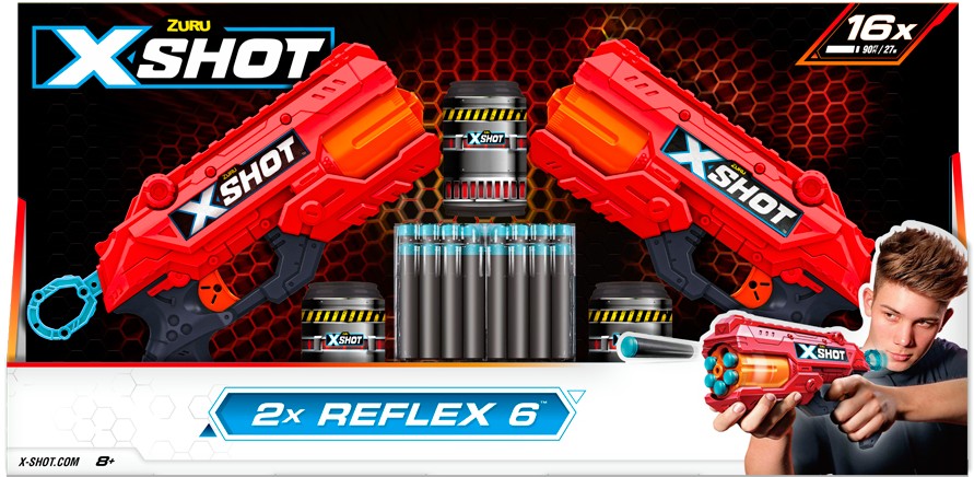 Бластер многозарядный ZURU X-Shot Red EXCEL Reflex Double (2 бластера, 3 банки, 16 патронов) (36434R) - Фото 1