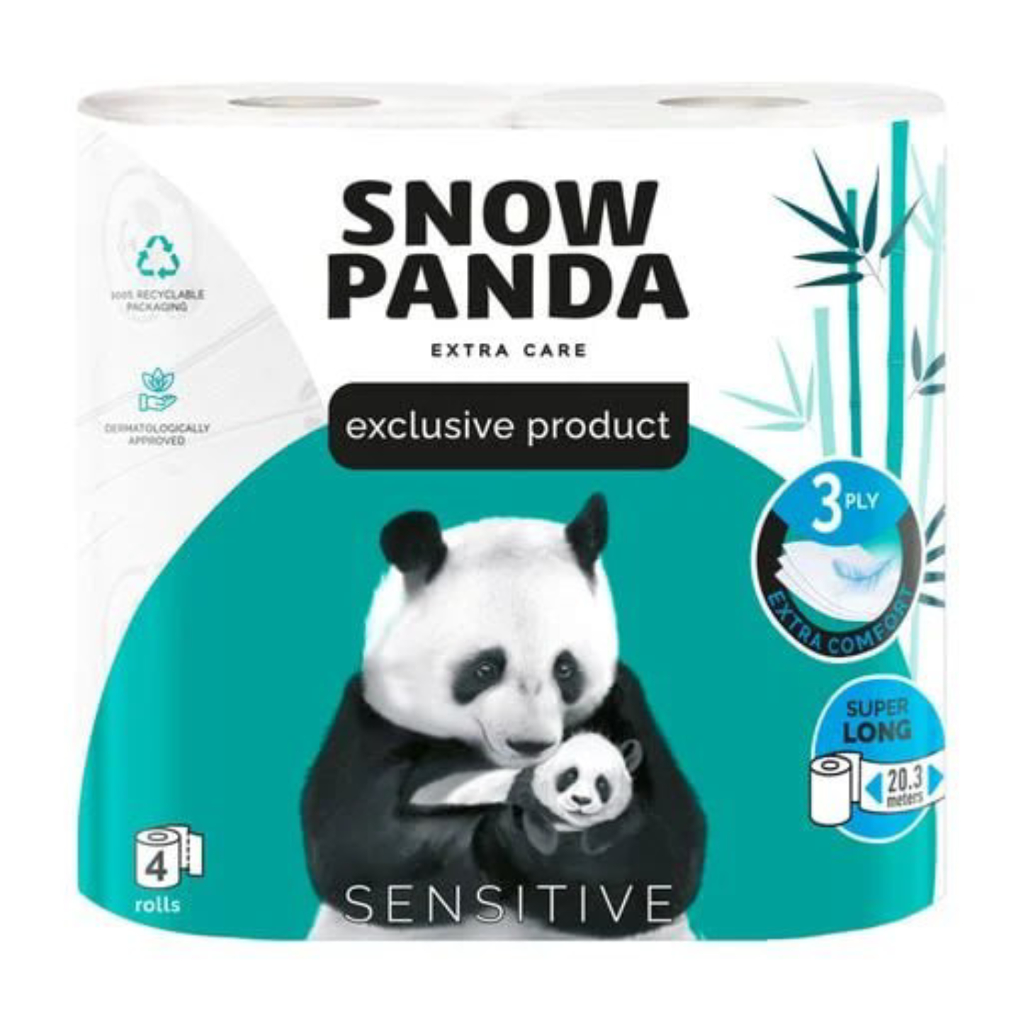 Туалетний папір Сніжна панда EXTRA CARE Sensitive Super Long 3сл, 4 шт. - Фото 1