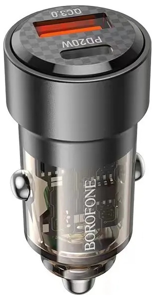 Автомобільний зарядний пристрій BOROFONE BZ20 Smart 38W dual port PD20W+QC3.0 car charger Transparent Black (6941991101564) - Фото 1