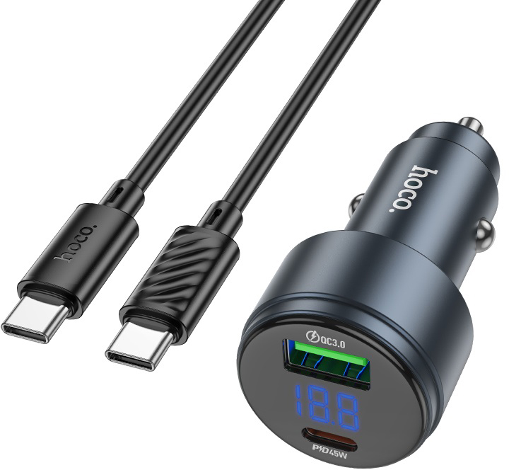 Автомобильное зарядное устройство HOCO Z57B Glorious 63W dual-port digital display PD45W+QC3.0 car charger set (C to C) Metal Gray (6942007633185) - Фото 1
