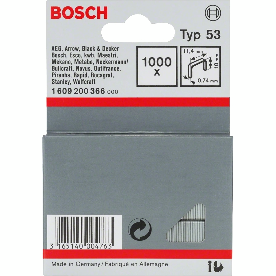 Скобы Bosch тип 53 10х11.4х0.74 мм 1000 шт. (1.609.200.366) - Фото 1
