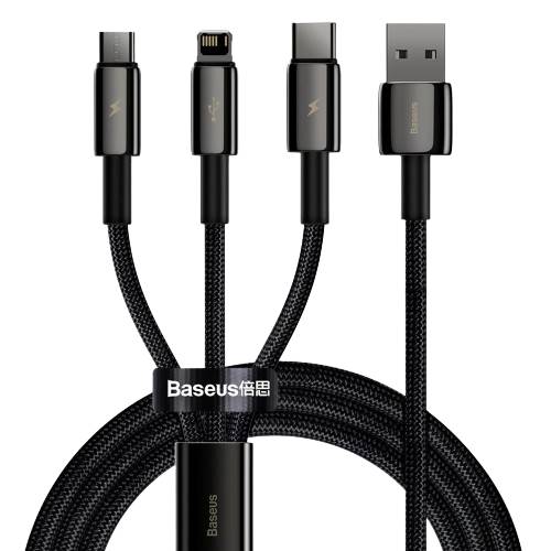 Кабель синхронизации данных Baseus Tungsten Gold One-for-three Fast Charging Data Cable USB to M+L+C 3.5A 1.5m Black (CAMLTWJ-01) - Фото 1