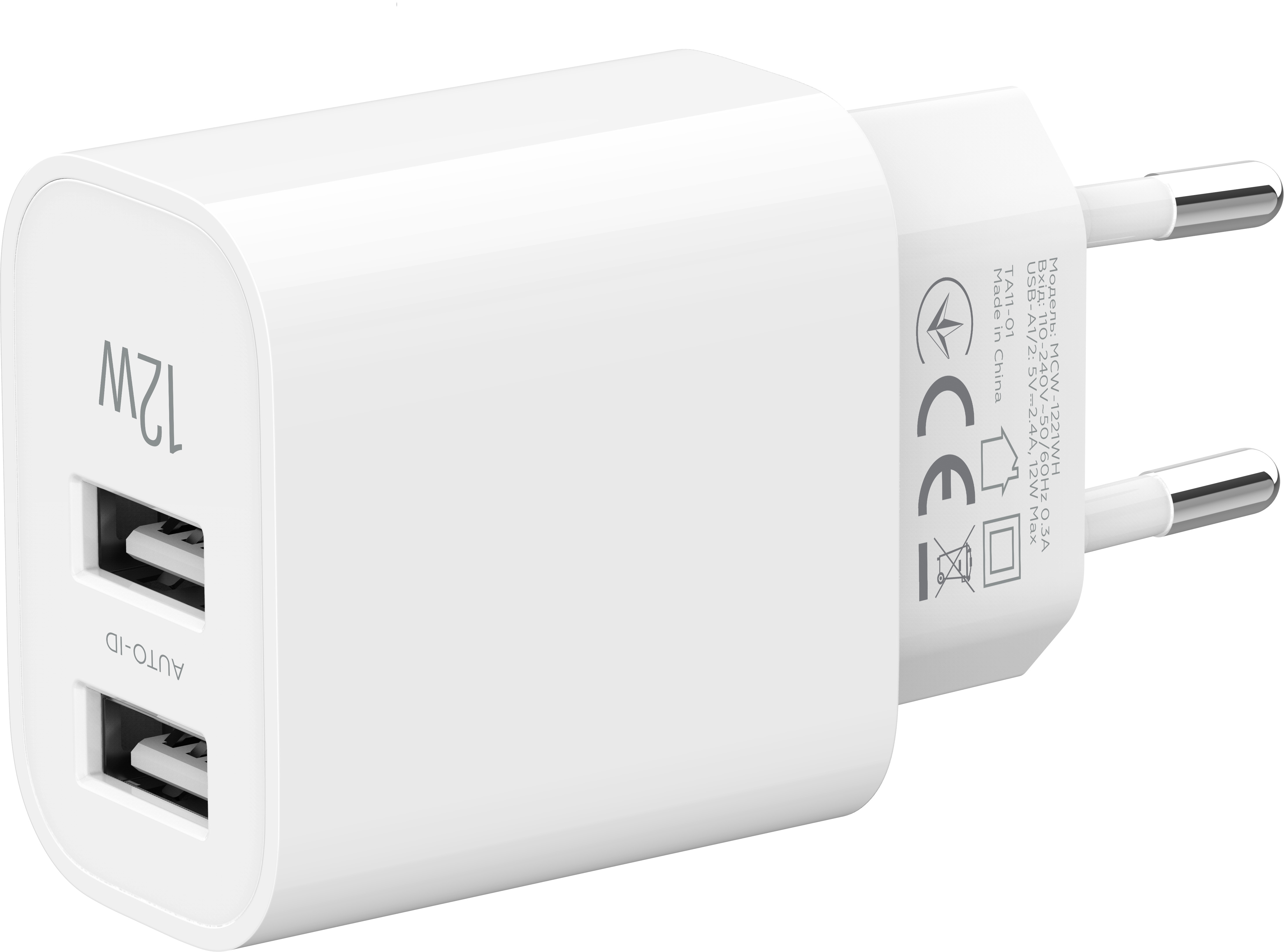 Мережевий зарядний пристрій MAKE 12W 2xUSB-A White (MCW-1221WH) - Фото 1