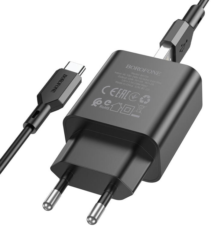 Сетевое зарядное устройство BOROFONE BA72A Spring single port QC3.0 charger set(Type-C) 18W Black (6974443388589) - Фото 1