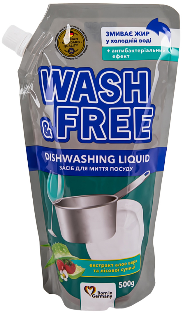 Засіб для ручного миття посуду WASH & FREE Екстракт алое вера та лісової суниці (DOYPACK) 500г - Фото 1
