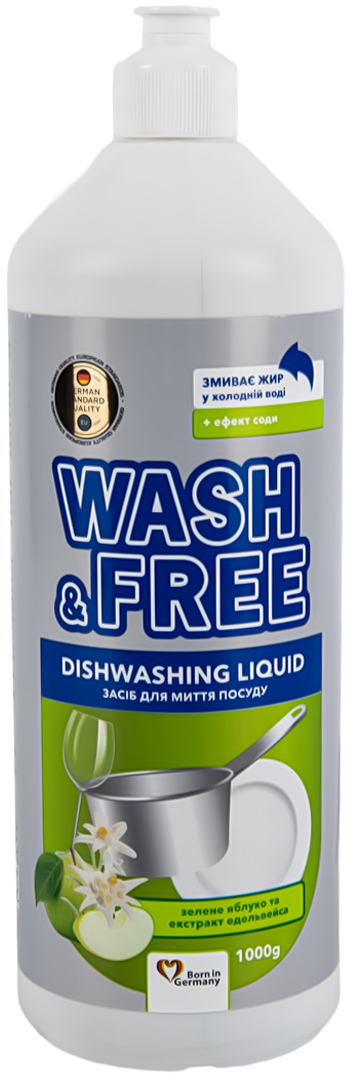 Засіб для ручного миття посуду WASH & FREE Зелене яблуко та екстракт едельвейса 1000г - Фото 1