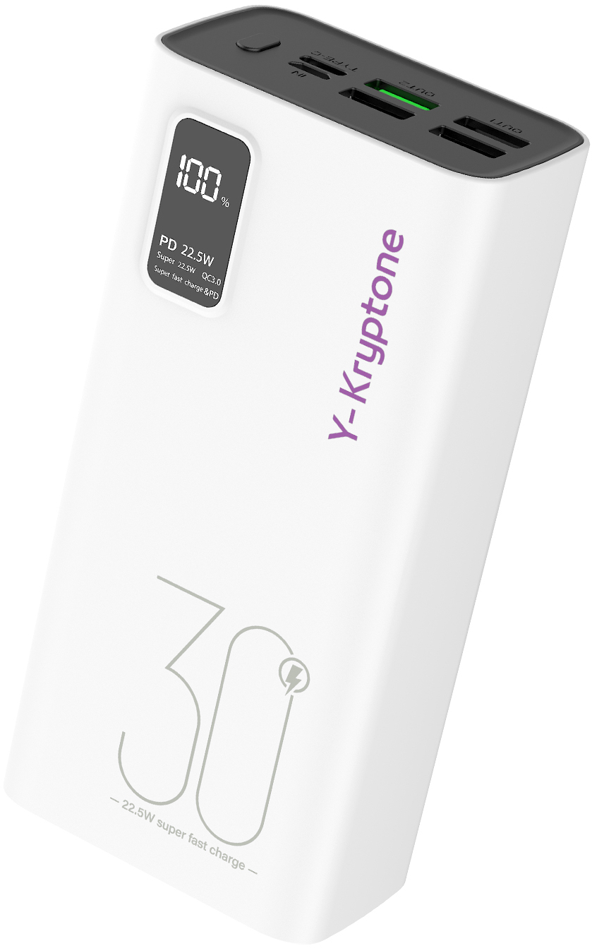 Батарея мобильная Y-Kryptone GT-33 30000 mAh QC3.0 22.5W Fast Charge White (YK-GT33-WH) - Фото 1