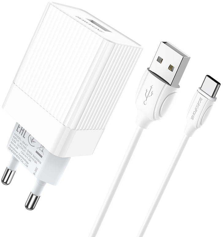 Мережевий зарядний пристрій BOROFONE BA47A QC3.0 3A + Type-C cable 18W White (6931474728319) - Фото 1