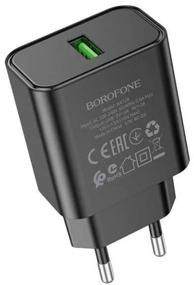 Сетевое зарядное устройство BOROFONE BA72A QC3.0 Black (6974443388541) - Фото 1