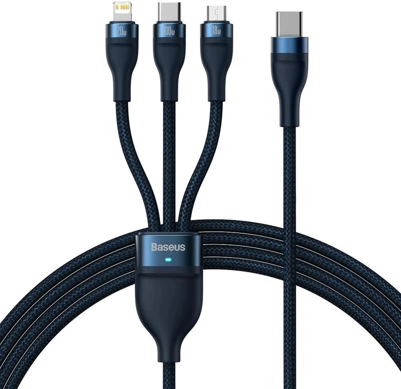Кабель синхронизации данных Baseus Flash USB-C - MicroUSB+Lightning+USB-C 100W 1.5m Blue (CASS030203) - Фото 1