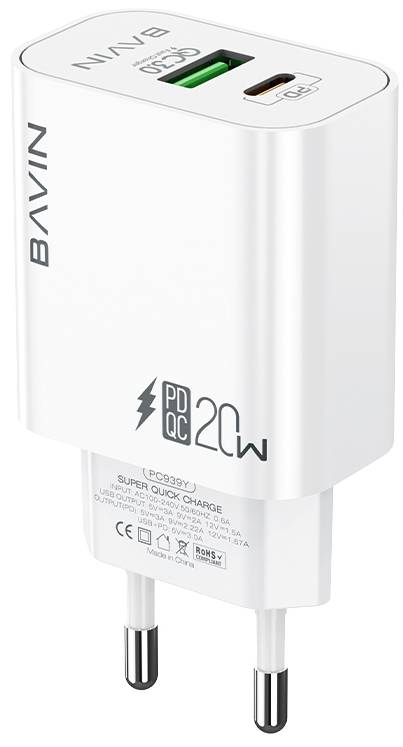 Сетевое зарядное устройство Bavin PC939Y-CC PD 20W Type-C USB-A (QC3.0) + кабель Type-C/Type-C White (C-PC939Y-CC-W) - Фото 1