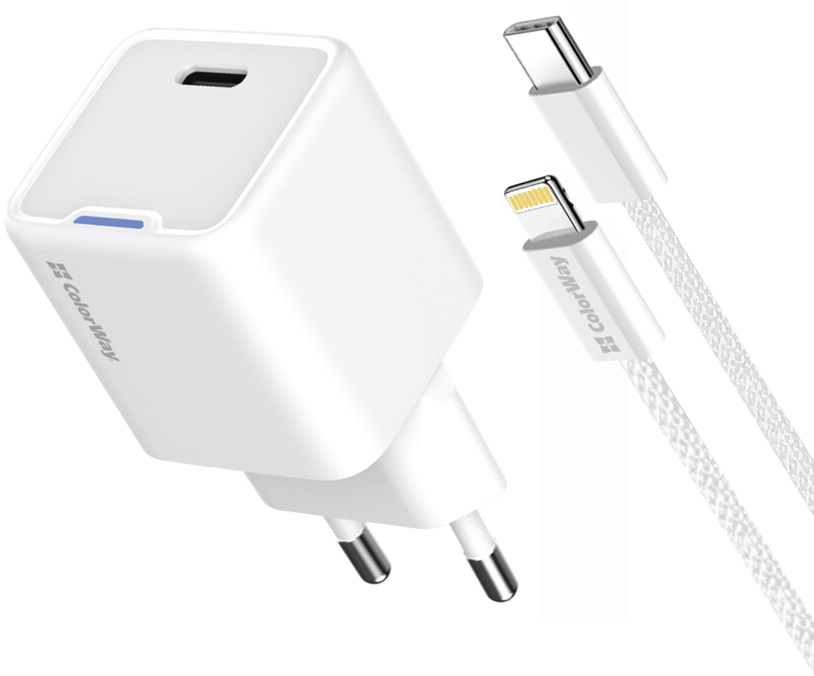 Сетевое зарядное устройство Colorway GaN Mini 20W PD Port PPS USB-C White cable Lightning (CW-CHS059PDL-WT) - Фото 1