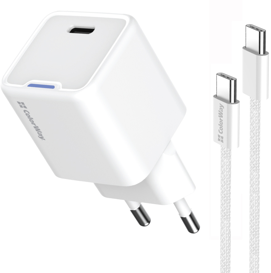 Сетевое зарядное устройство Colorway GaN Mini 25W PD Port PPS USB-C White cable Type-C (CW-CHS052PDC-WT) - Фото 1